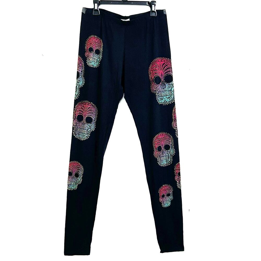 VOCAL Apparel Sugar Skull Rhinestone Black Leggings Size Large Bling Biker Chic